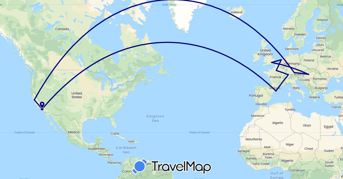 TravelMap itinerary: driving in Switzerland, Germany, Spain, France, United Kingdom, Hungary, Netherlands, United States (Europe, North America)